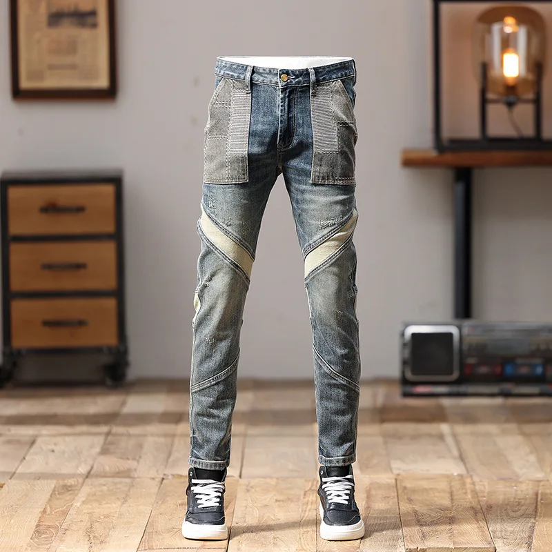 Jeans slim fit masculino, design de costura, moda de rua, homem bonito, casual, retro, stretch, moda