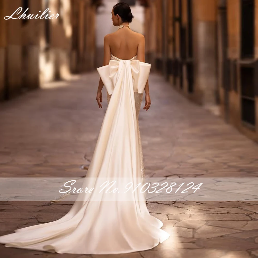 Lhuilier Customized Mermaid Strapless Satin Wedding Dresses Sleeveless Beaded Lace Bridal Gowns with Removable Sashes