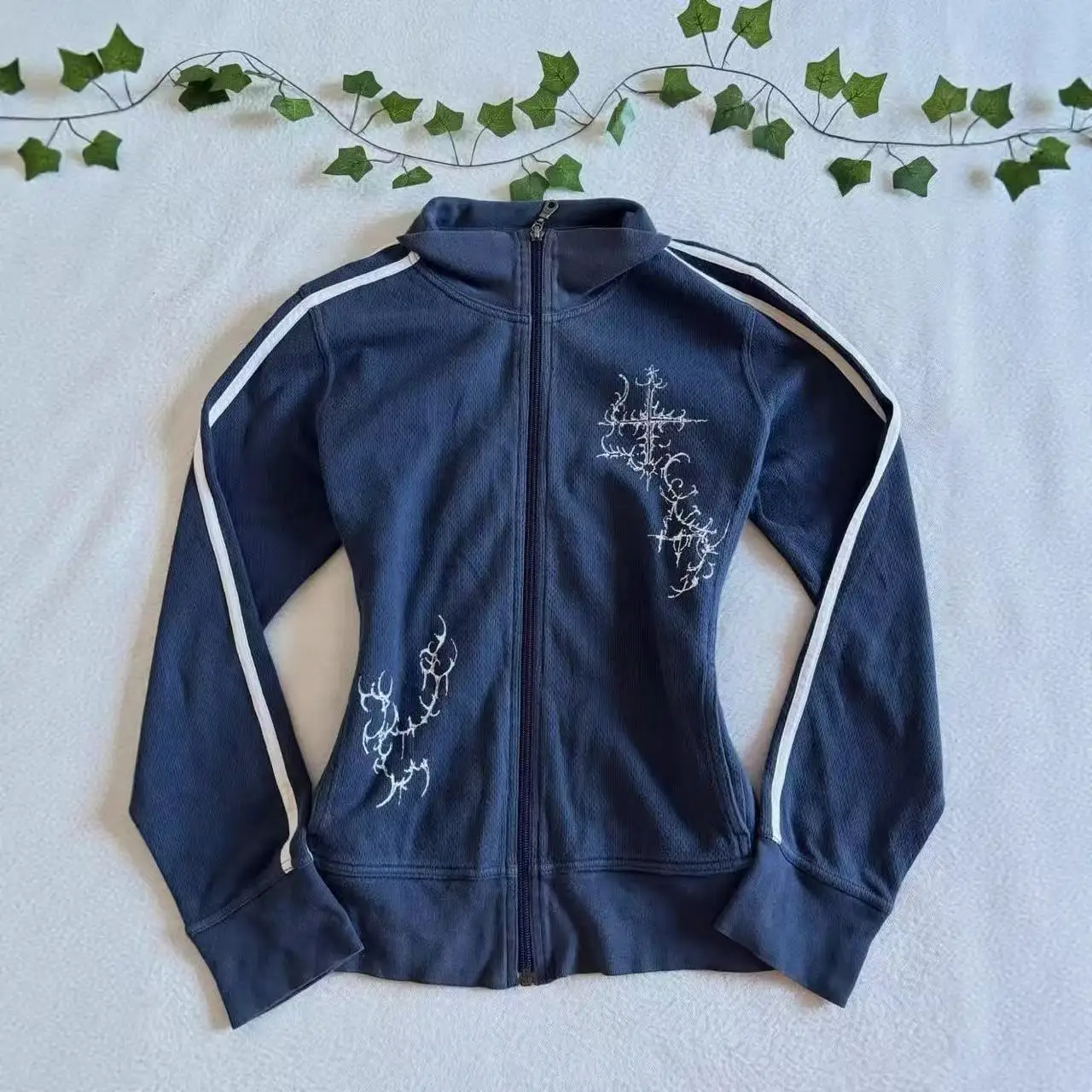 Long Sleeve Stand Collar Zipper Jacket Navy Cross Pattern Embroidery White Side Tape Slim Fitted Street Outerwear