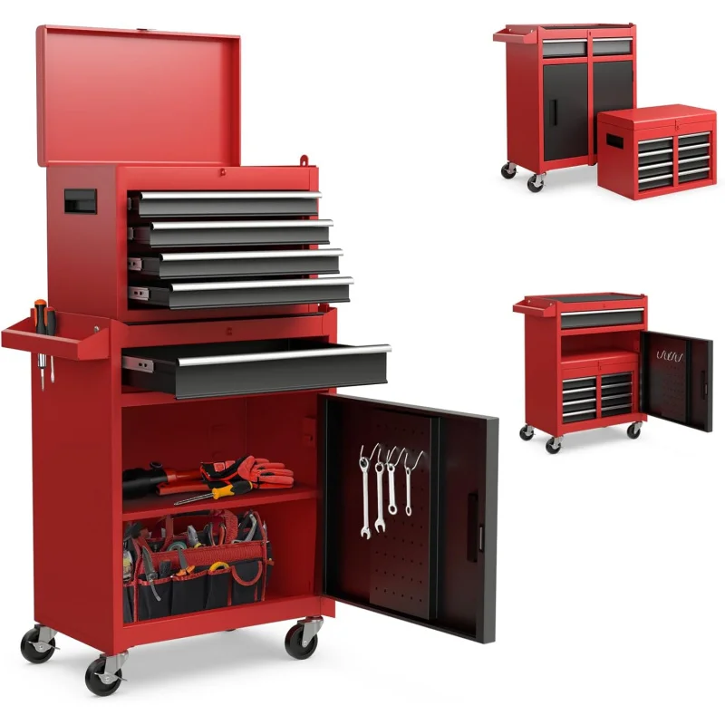 5-Drawer Rolling Tool Chest, Tool Storage Box, Removable Tool Cabinet, Sliding Metal Organizer w/Lockable Drawers