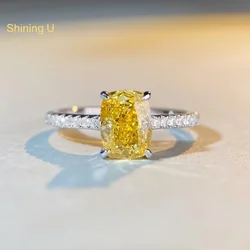 Shining U S925 Silver High Carbon Diamond 2CT Yellow Gems Ring for Women Radiant Cut Fine Jewelry Gift