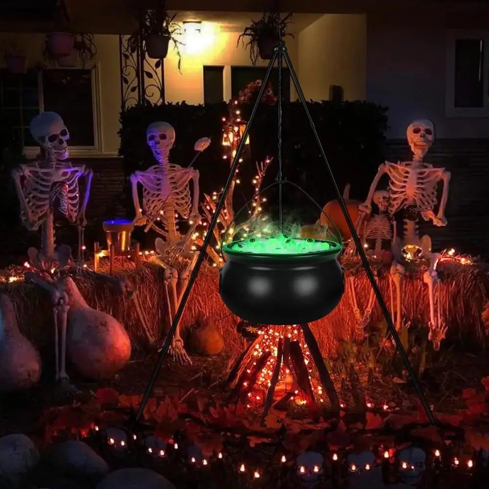 51in Halloween Decor Outdoor 12in Large Witch Cauldron on Tripod with Lights Black Plastic Bowl Party Hocus Pocus Candy Bucket