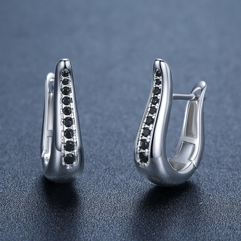 2024 New Black Hoop Earrings For Women Classic Silver Color Trendy Spinel Engagement Fashion Jewelry I281