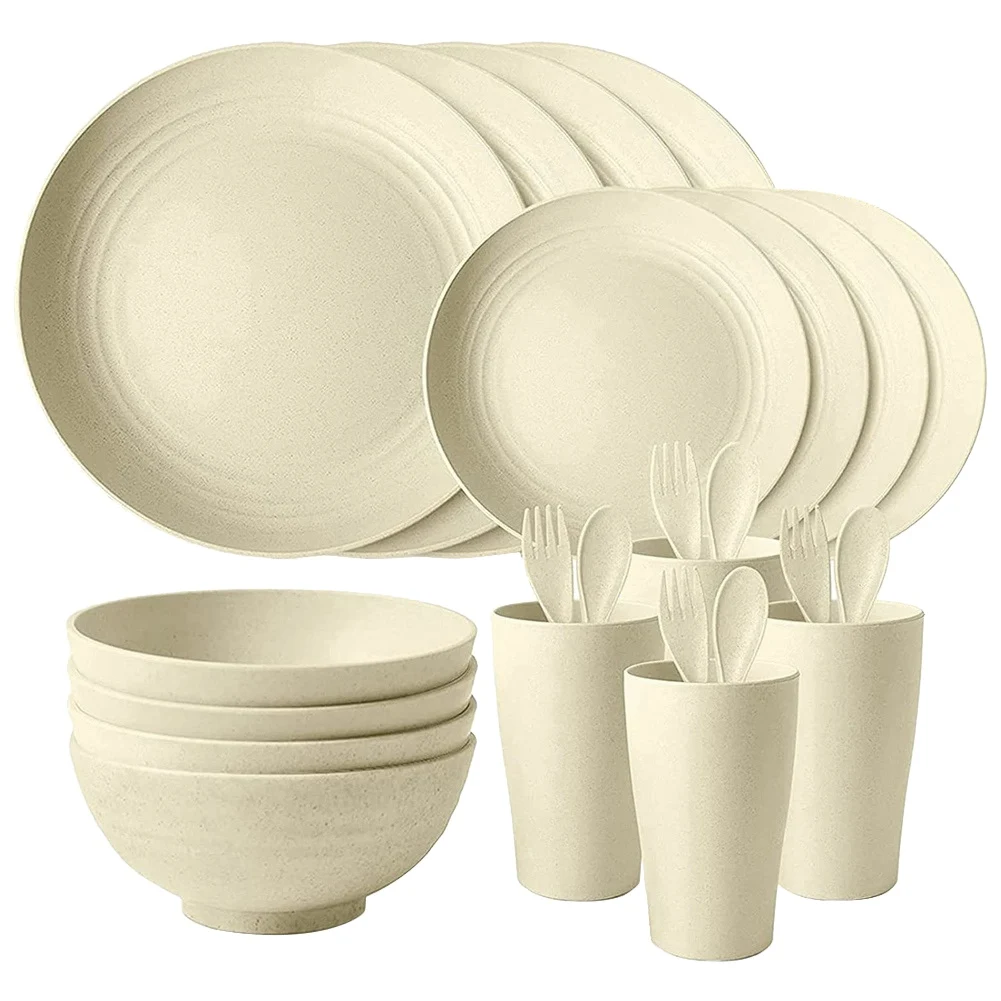 Dinner Sets, Camping Tableware Dinnerware Sets of 4 (28Pcs), Picnic Camping Party Dinner Plate Mug Cutlery Set, Beige