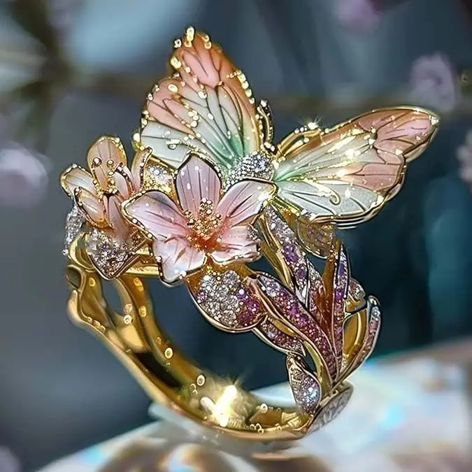 French Luxury Style Silver Color Invisible Inlaid Imitation Pink Jade Butterfly White Jade Lily Flower Ring UNISEX High End Ring