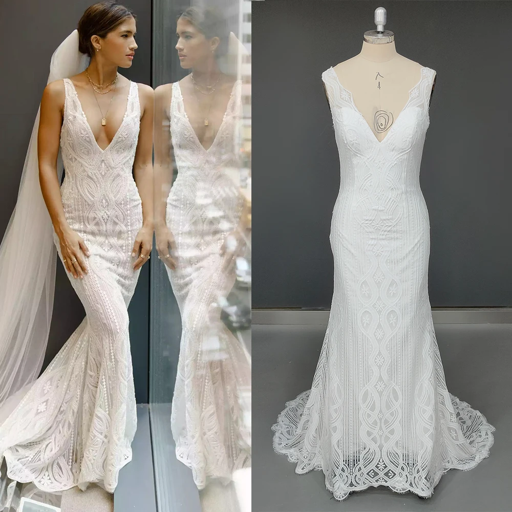 Luxury Mermaid Deep V Neck Lace Wedding Dress Customized Rustic Backless Ceremony Beading Sleeveless Sexy Maxi Bridal Gown