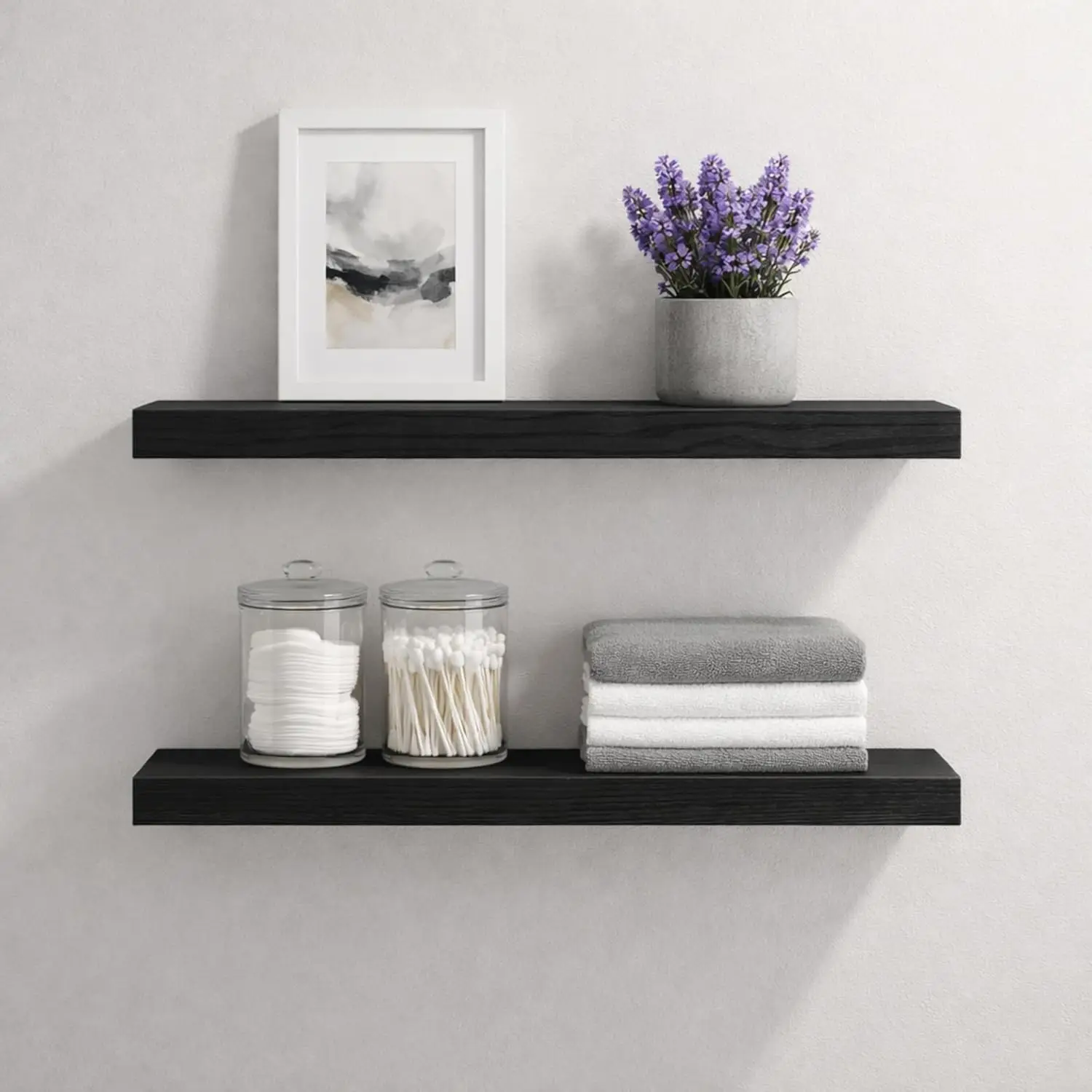 

Wood Floating Shelves for Wall 24 inch,Black Floating Shelves,Solid Wood Wall Mount Shelves for Bathroom Living Room Be