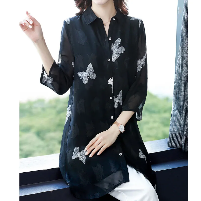 Fashion Women\'s Casual Printed Spliced Chiffon Shirt Summer Korean All-match 3/4 Sleeve Single-breasted Blouse Female Clothing