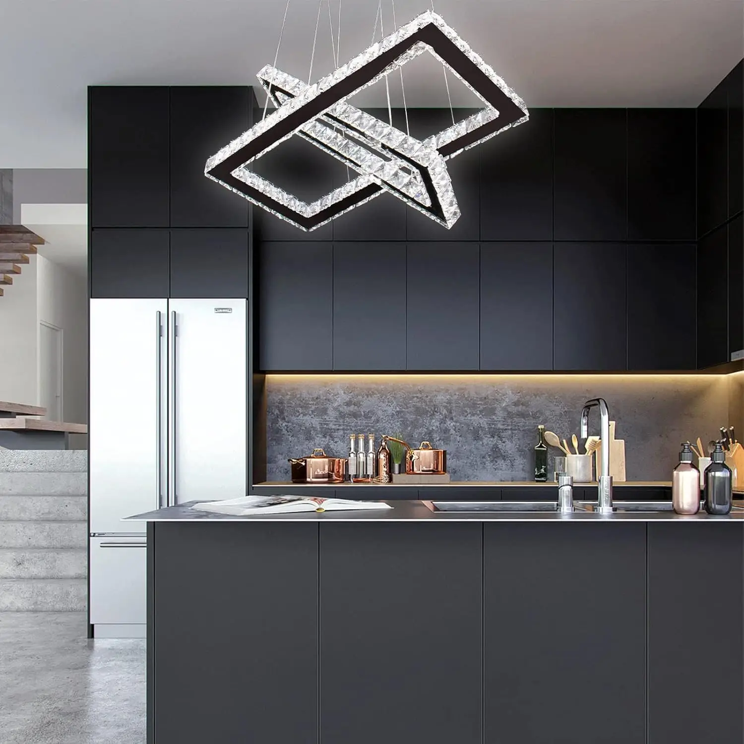 Finktonglan Moderne Kristall-Kronleuchter mit Fernbedienung, 20,5'' Regulatório 2 Ringe Rechteckige LED-Kristall-Kronleuchter, Inse