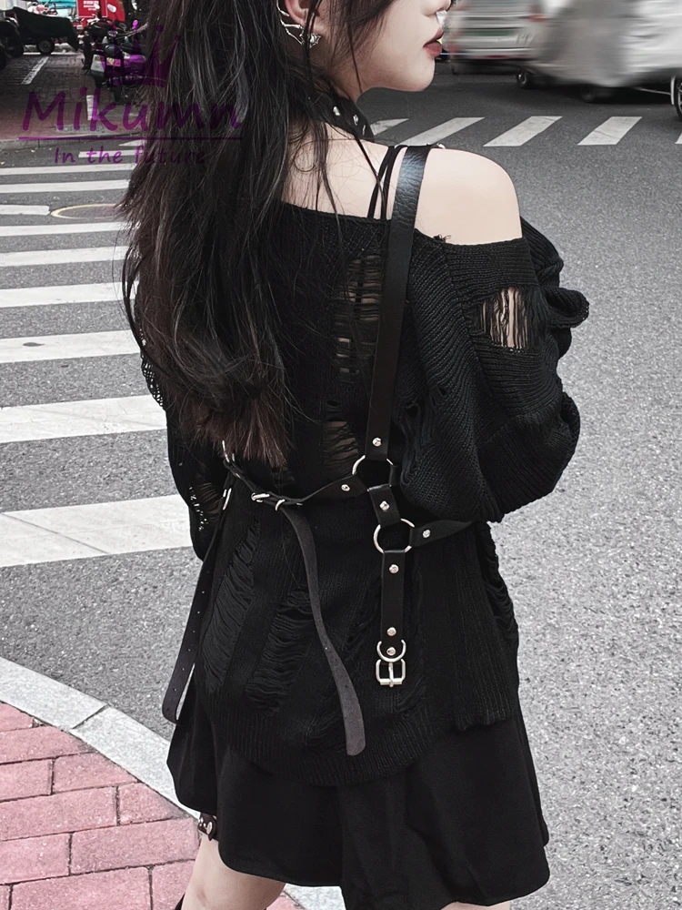 Punk Rock Broken Sweater Y2k Aesthetic Gothic Letter Printed Black Sweater Long Sleeve Hollow Out Knit Pullover Chic Streetwear
