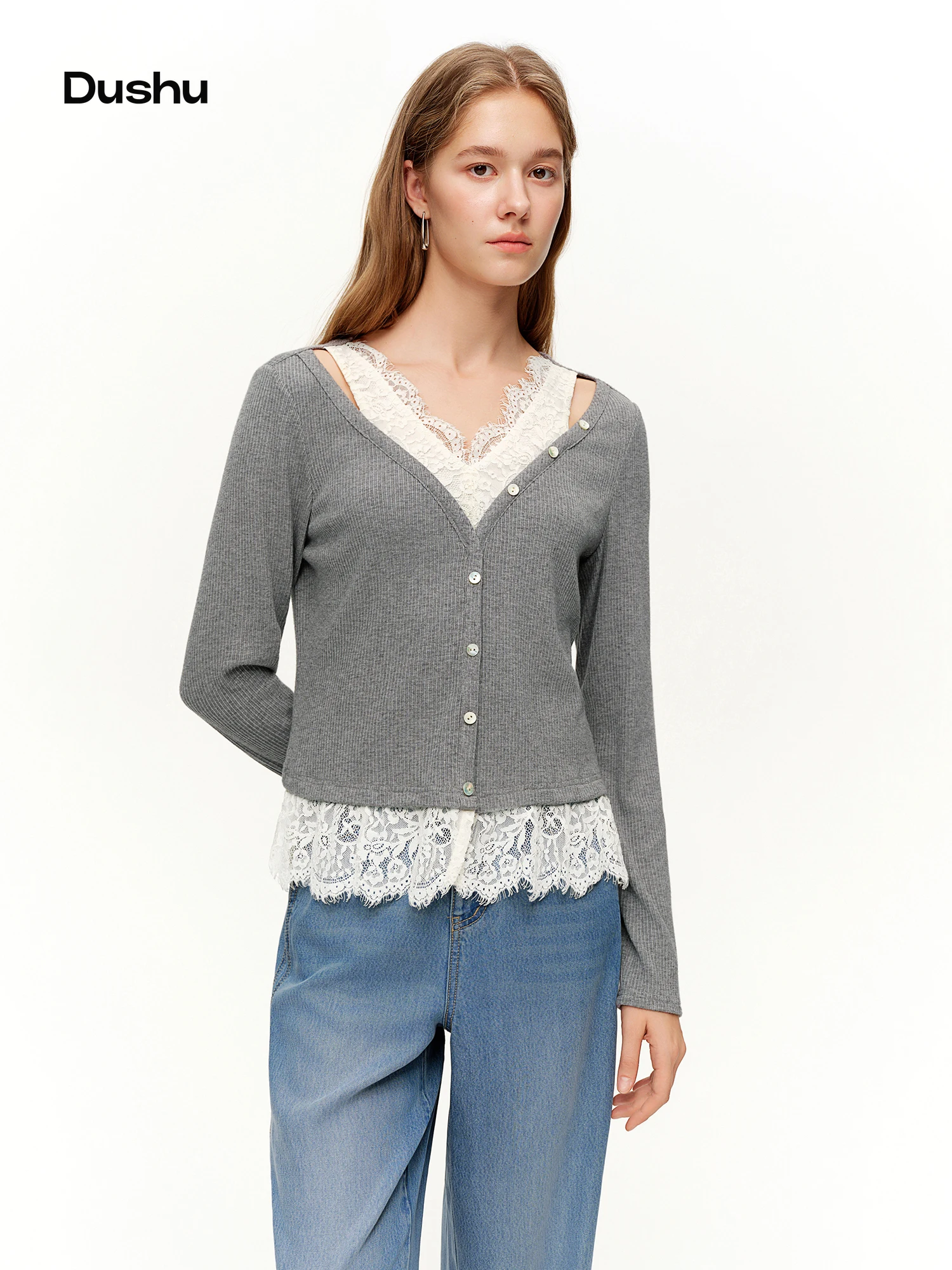 DUSHU Women's Stylish Two-Piece Style Soft Lace Detailing T-Shirt Spring 2026 New Arrival Long Sleeves Tops Light Grey T-Shirts
