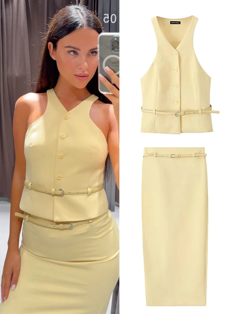 TRAFZA Woman Fashion Set Yellow V-Neck Sleeveless Belt Sngle Breasted Top+High Waist Pocket Belt Skirts Summer Suit Woman Trendy