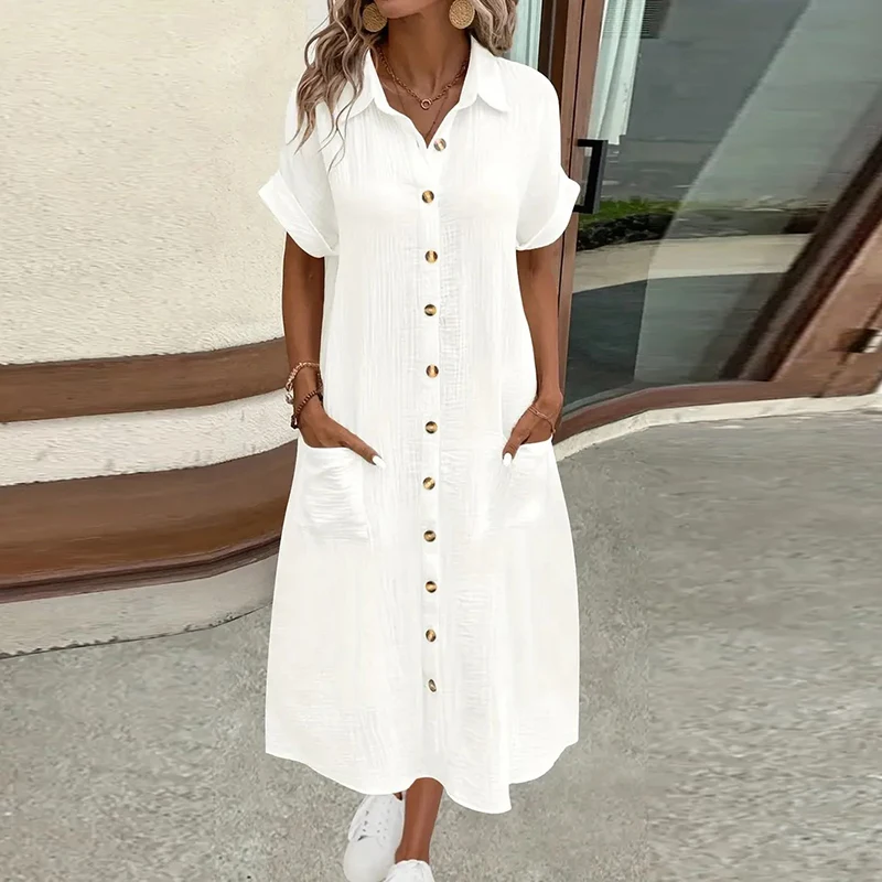 여름 패션 턴다운 칼라 여성 드레스 반팔 라인 코튼 솔리드 컬러 캐주얼 루즈 셔츠 드레스 루즈 미디 드레스
