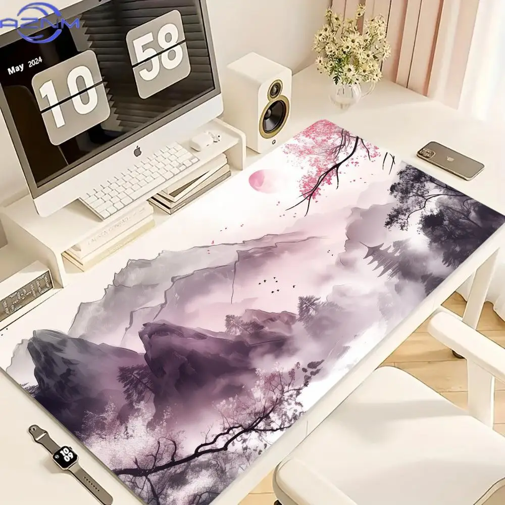 Oriental Ink Wash Sakura Mountain XXL Mousepad, Pink Sunset Misty Landscape Lock Edge Keyboard Mat
