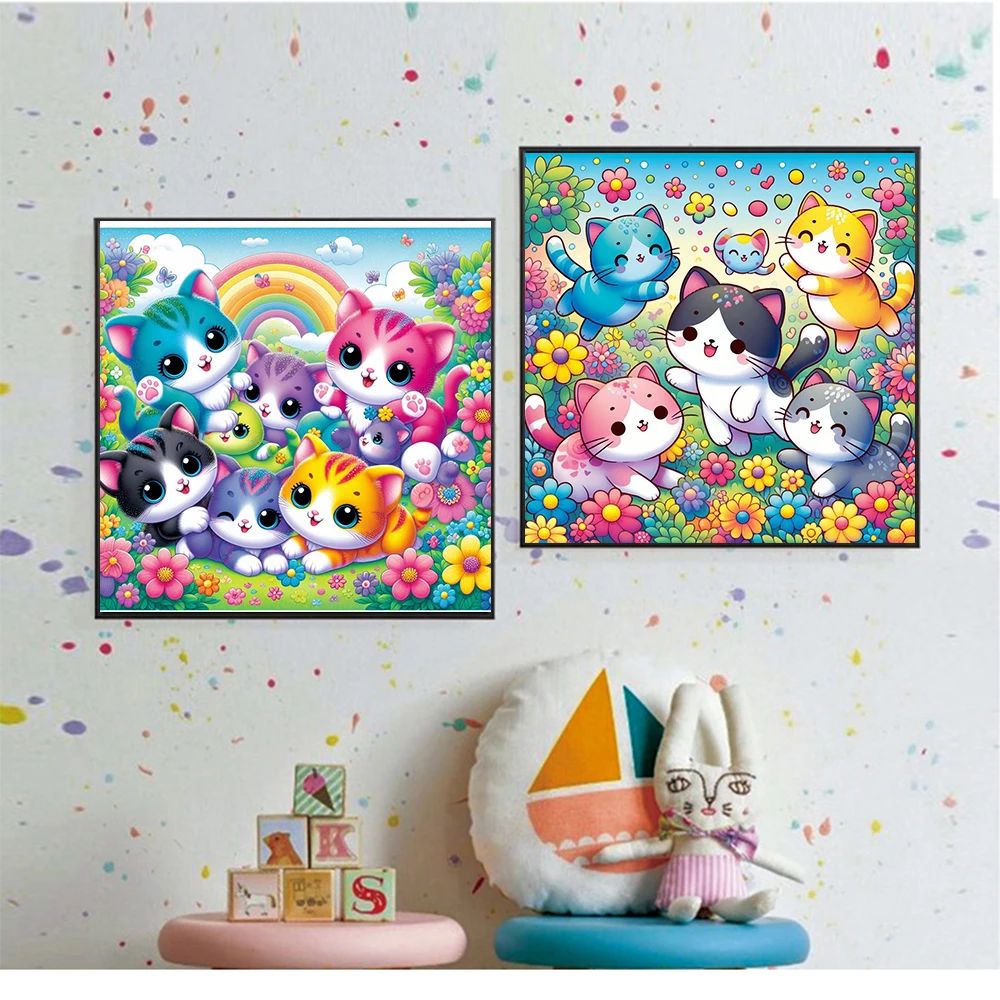 Cute Colorful Cats And Flowers Cartoon 5D Mosaic Kits DIY Diamond Painting Full Drills Embroidery Cross Stitch Wall Decor Art