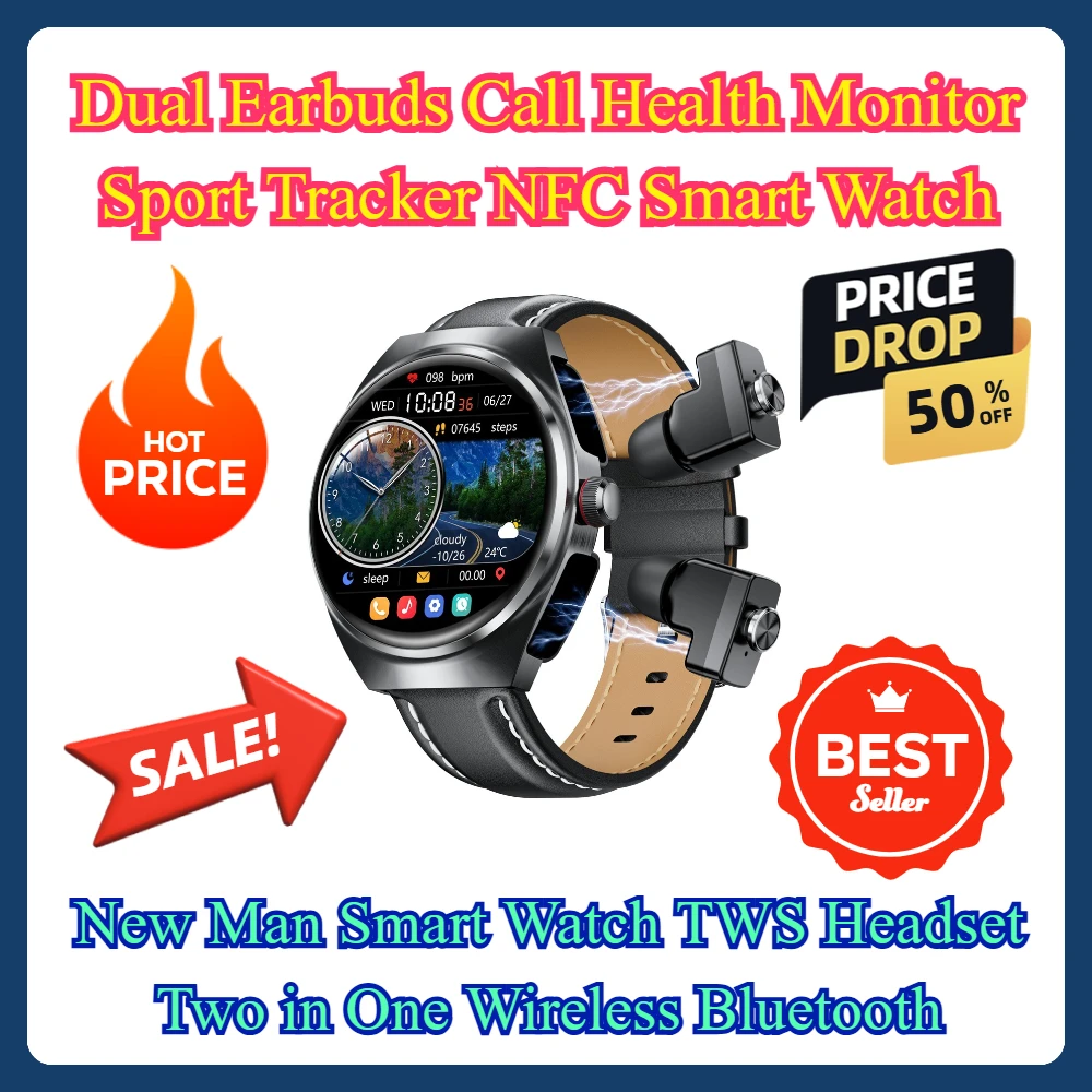 

Dual Earbuds Call Health Monitor Sport Tracker NFC Smart Watch New Man Smart Watch TWS Headset Two in One Wireless Bluetooth