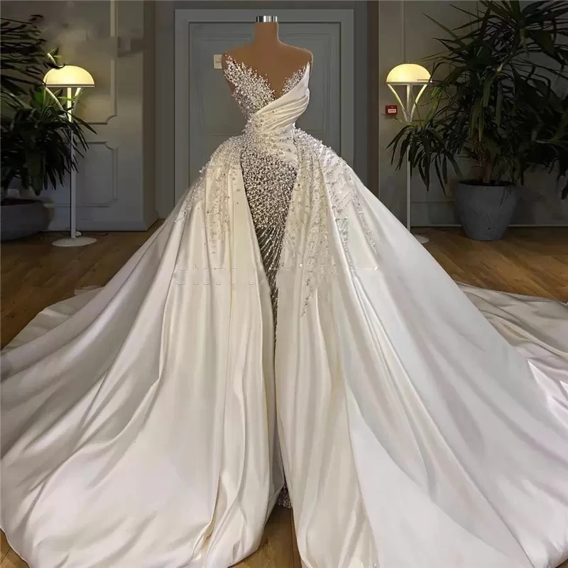 

Pearls Long Wedding Dresses Luxury Wedding Gowns Sexy Off Shoulder Customized Bridal Gown Sheer Removable Overskirt Beaded