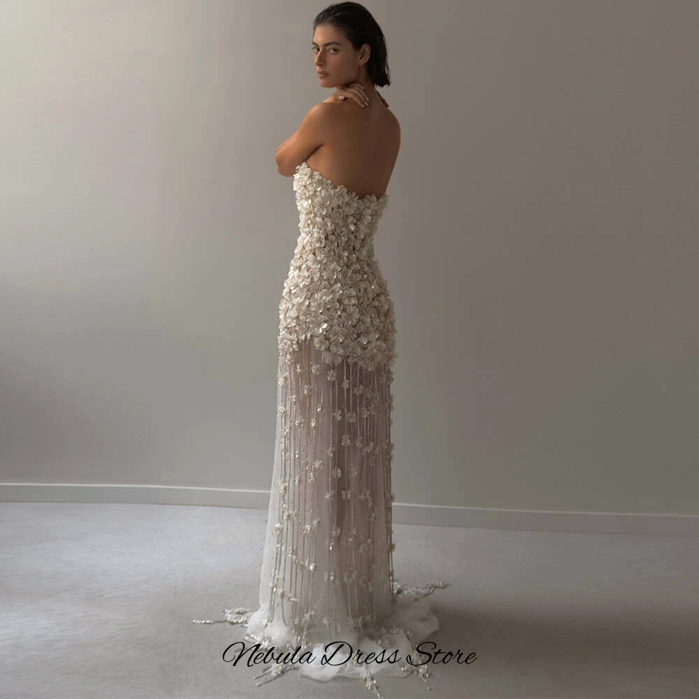 High Quality Handmade Flowers Vestido De Novia Customized See Through Tulle Wedding Dress Strapless Sweep Train Robe de mariée