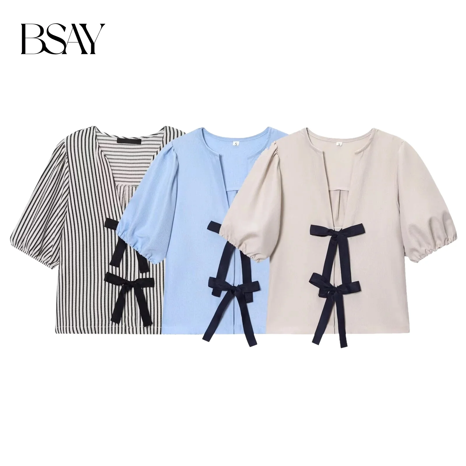 

BSAY Academy Style Sweet Loose Bubble Short Sleeve 2025 Summer New Women's Wear Slimming Bow V-neck Shirt