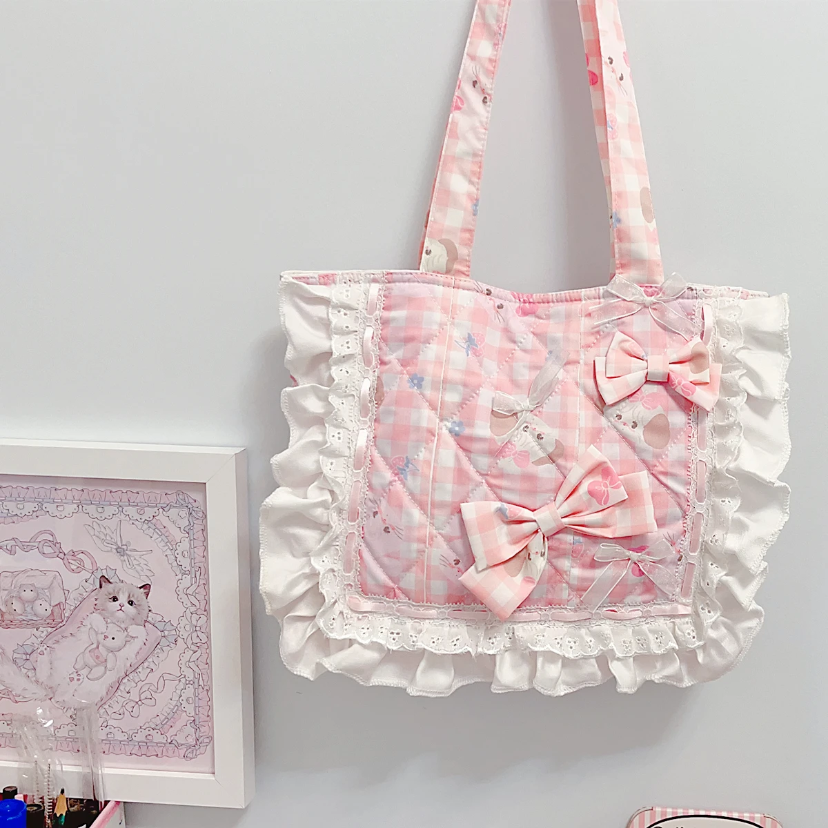 Handmade custom tote bag cute cartoon storage bag pink lace storage supplies house decoration bag