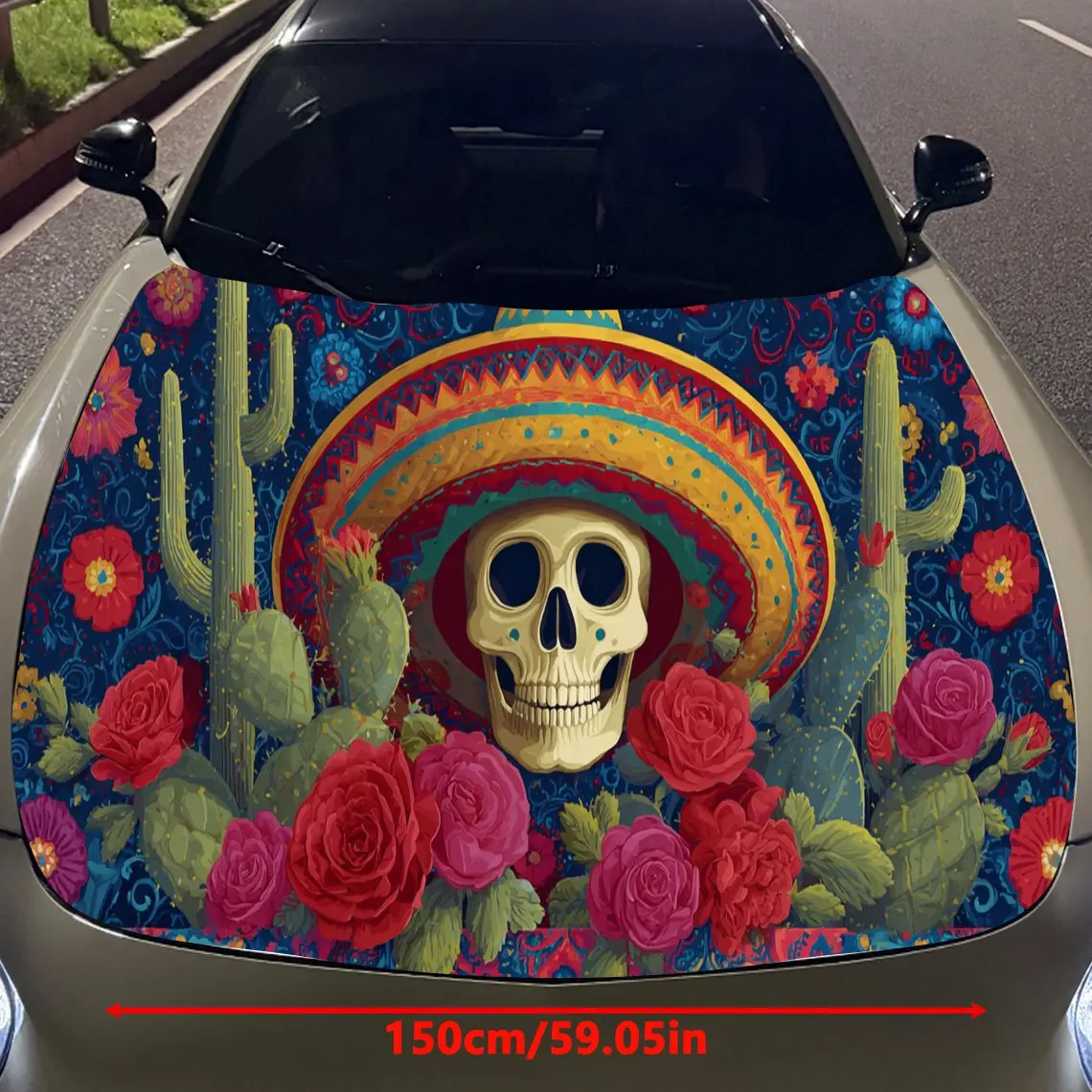 Magical Day of the Dead Cactus Skull Auto Cover Sticker, Waterproof and Self-adhesive Auto Hood Decal, Auto Vinyl Wraps, Cool Ca