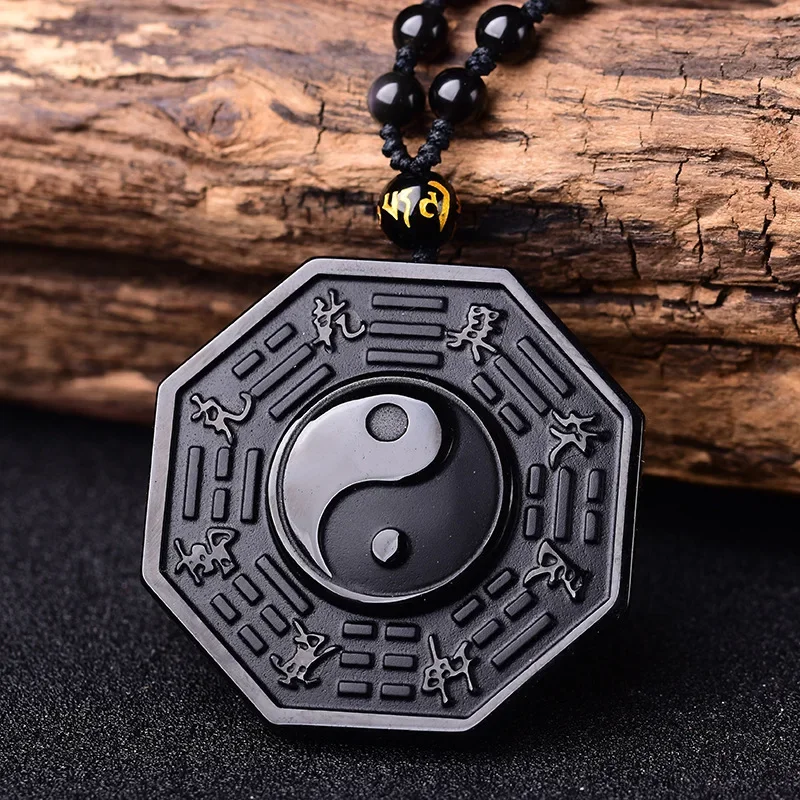 Retro Black Stone Yin Yang Necklace Pendant Chinese Style Tai Chi Gossip Amulet Men's and Women's Jewelry