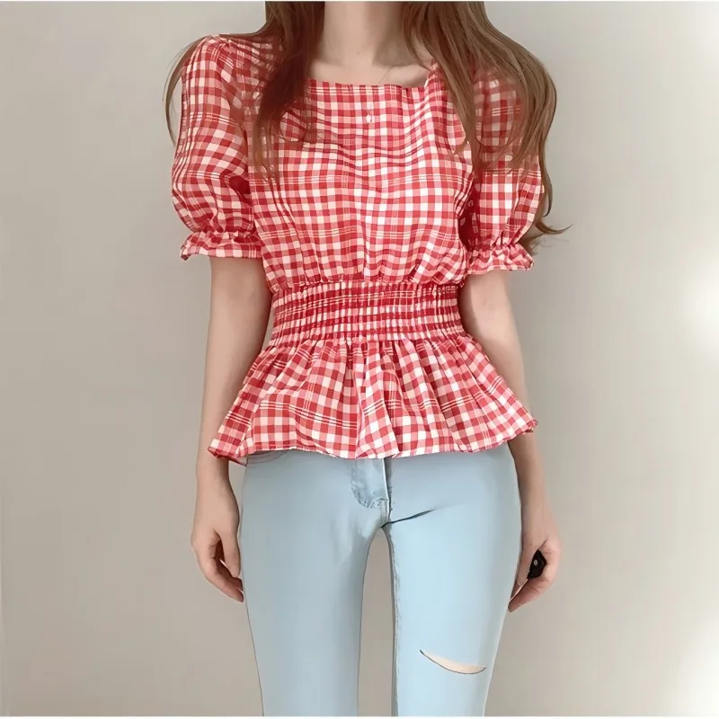 CGC-camisas a cuadros Vintage para mujer, blusas elegantes con mangas abullonadas y cuello cuadrado, Tops informales ajustados, ropa para primavera y otoño 2025