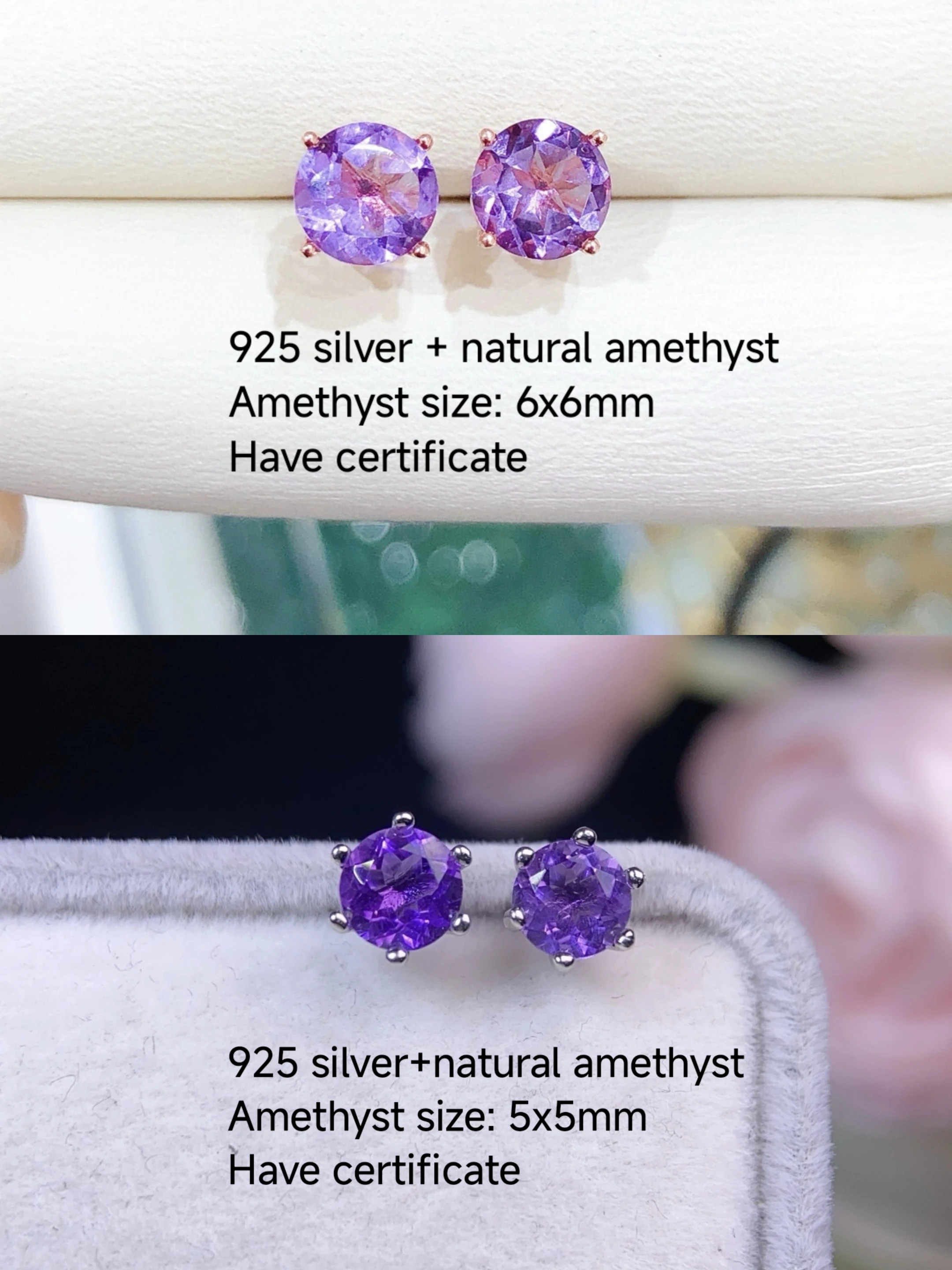 

Certificated 925 Silver Natural Amethyst Earrings 4 Prongs Round/Square/Oval Purple Sapphire Ear Stud Dropshipping Fine Jewelry