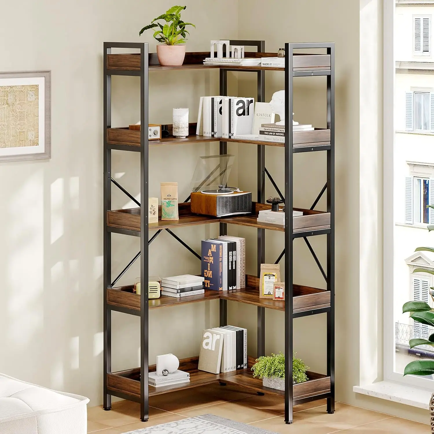 

5-Tier Corner Bookshelf - Modern Tall Corner Bookcase with Sturdy Metal Frame, Large Storage L Shaped Bookshelf for Living Room/