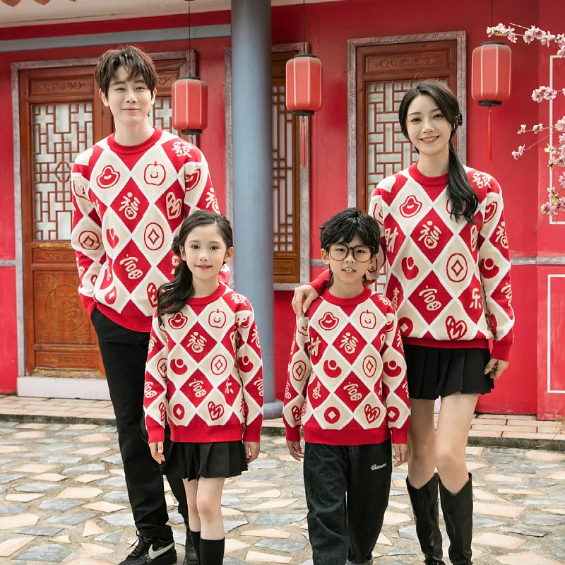 

Red Family Matching Sweaters for Parents Kids Chinese New Year Holiday Family Matching Warm Winter Wear Parent Child Tops