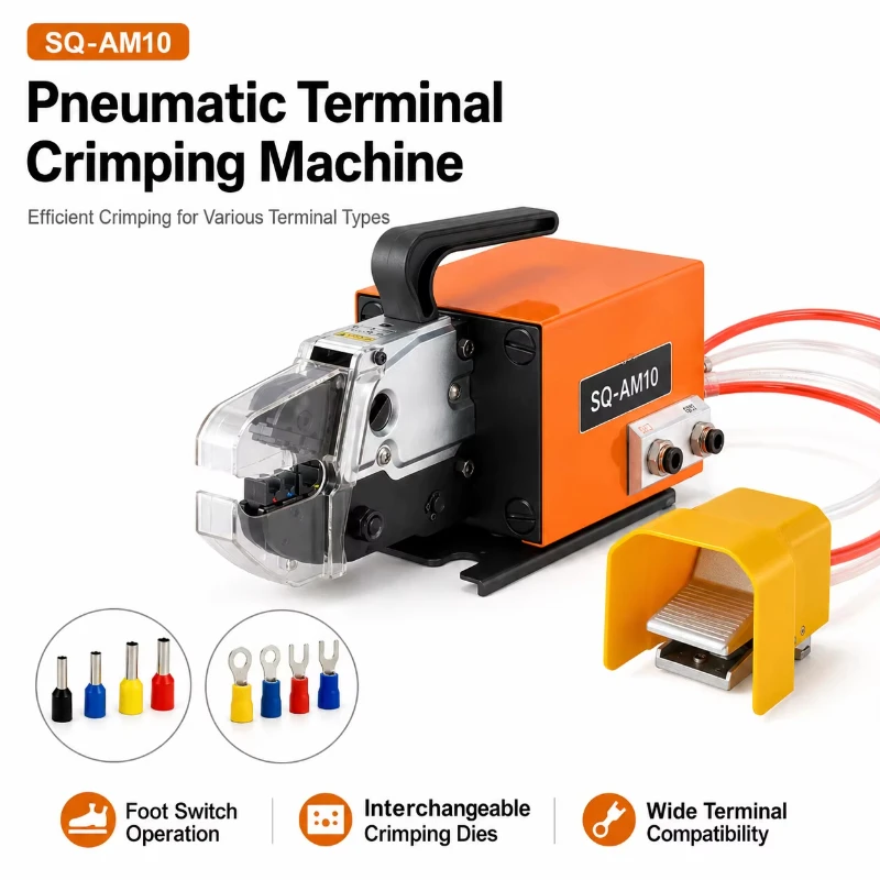 SQ-AM10 Portable  Terminal Crimping Machine Air Driven Wire Harness Crimper Interchangeable Dies Foot Switch Control