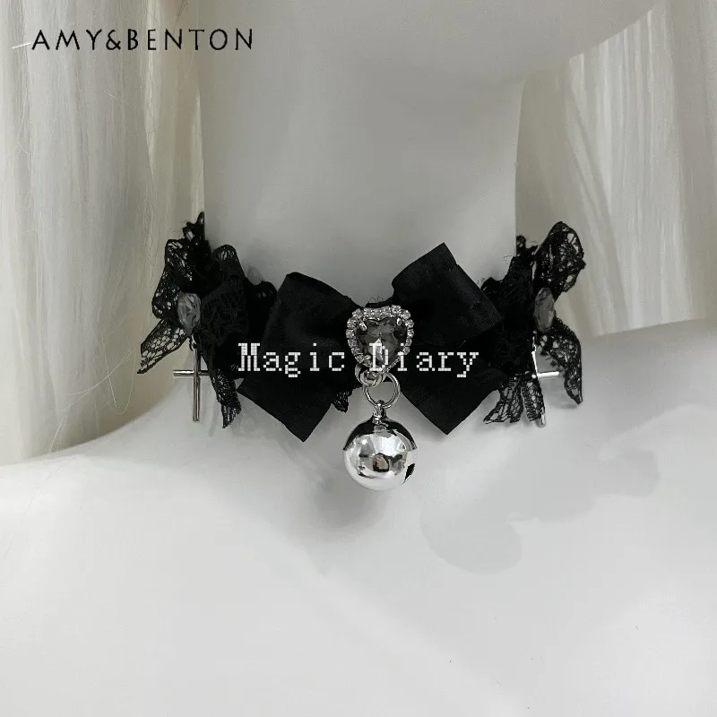 

Japanese Subculture Gothic Lolita Rhinestone Beaded Lace Choker Chain Pendant Street Punk Style Black Choker Hand Accessories
