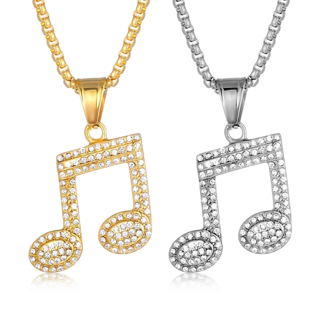 

Punk Rock Iced Out Musical Note Pendant Gold Silver Color Stainless Steel Zirconia Rapper Music Necklace for Women Men Jewelry