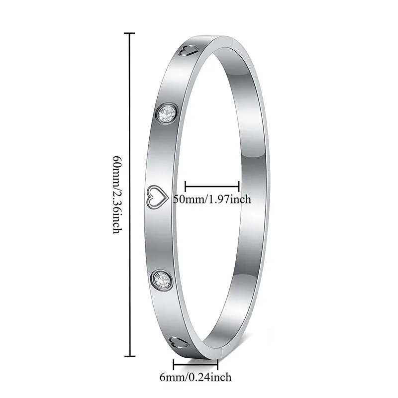 6 MM Width Stainless Steel Bangle for Women Love Heart Engraving Crystal Cuff Bracelets Women's Hand Jewelry Wristband Gift New