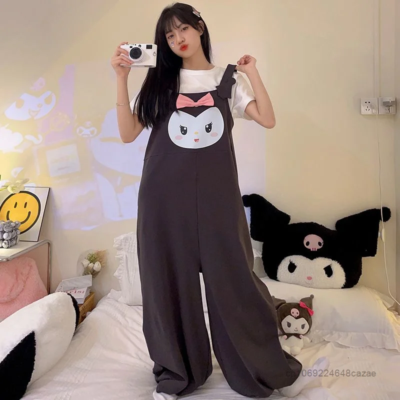 Sanrio Kuromi Melody Top Clothes Women Cute 2 Piece Set One Piece Pants Y2k Sweet Jumpsuit T-shirts Cotton Homewear Suit Kawaii