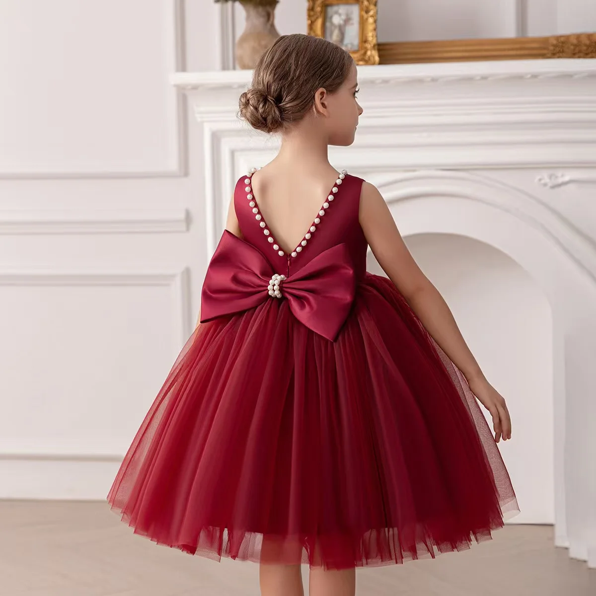 

4-9 Years Old Green Ball Gown for Girl's Dresses 2024 new Puffy Pearls Bow Kid Vestidos 4 5 6 7 8 9 Years Old Kids Clothes