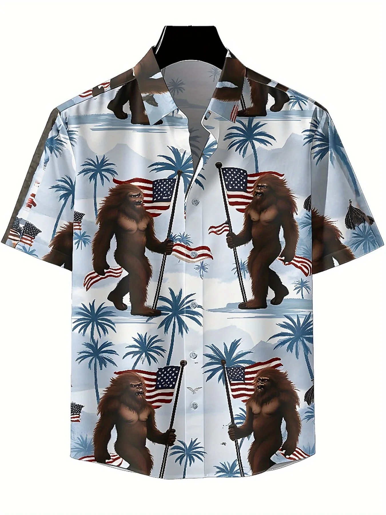 Men's Plus Size Hawaiian Shirt Sasquatch and American Flag pattern, Fashionable Aloha Shirt, Summer Casual Top,3D Unisex Clothes