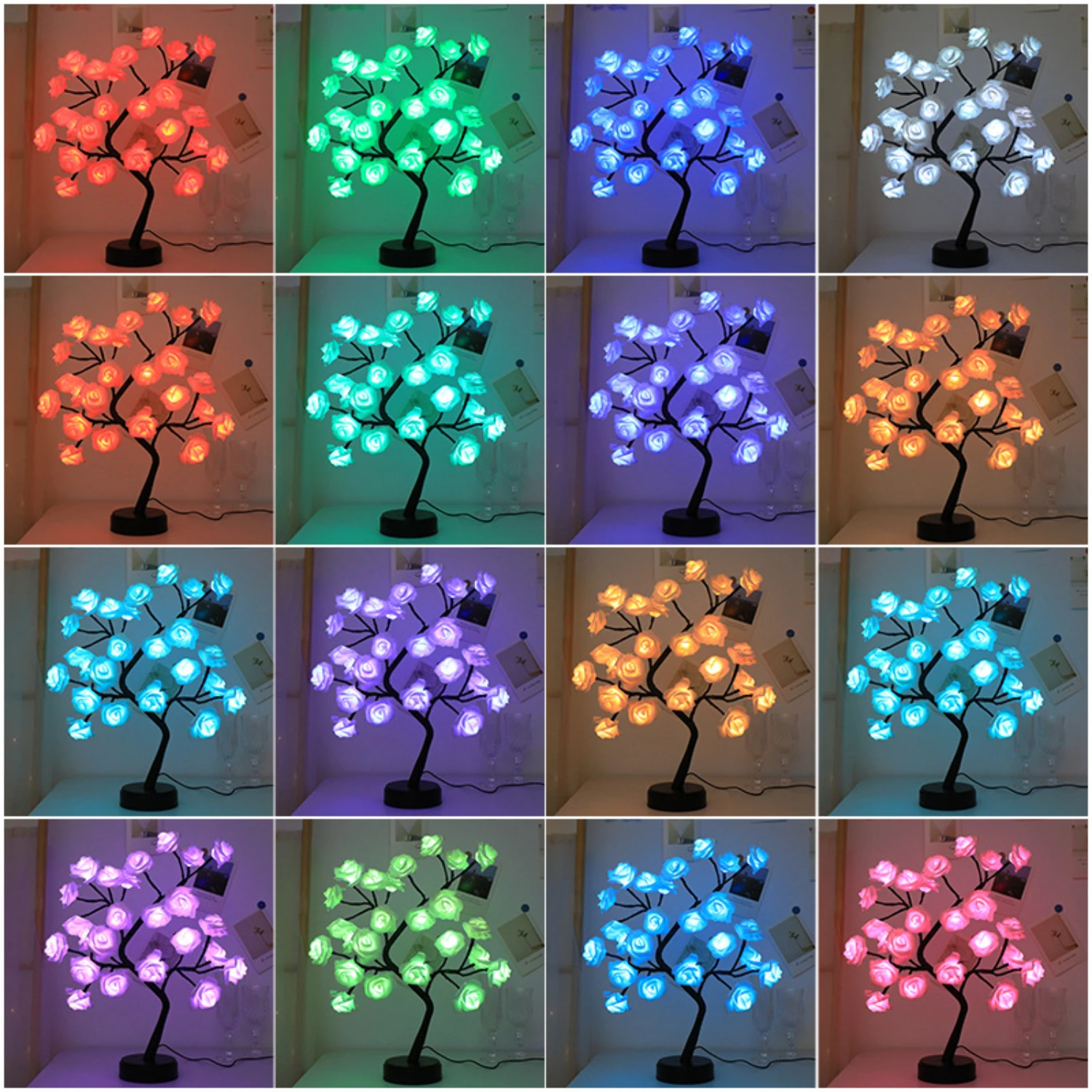 RGB Rose Flower Tree Lights 24LED USB Battery Table Lamp Fairy Night Light  Party Christmas Wedding Bedroom Decoration Gift