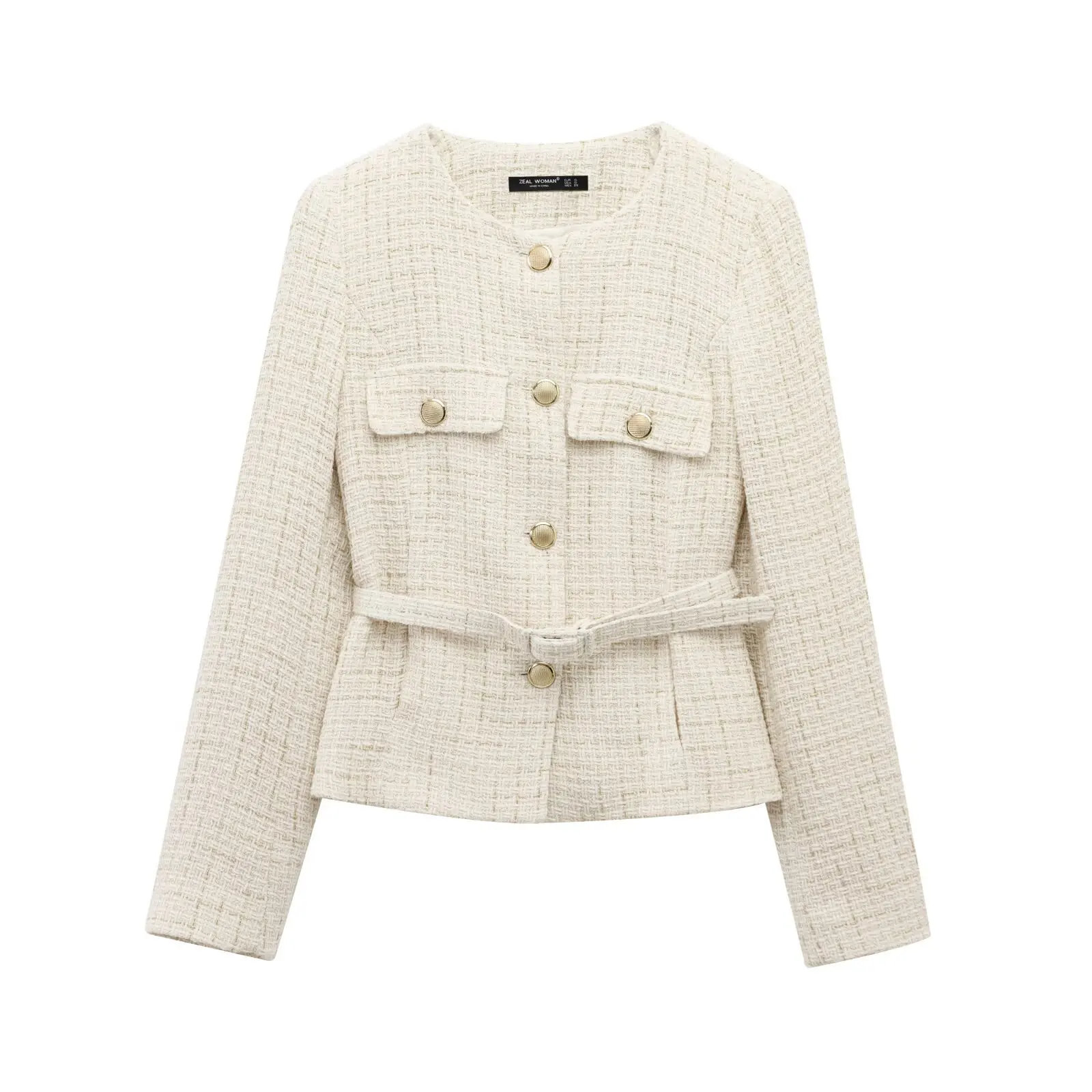 

Spring 2025 Women's Casual Long Sve round Ne Suit Jaet New Arrival Texture Belt Straight Cut Versatile Faion Outerwear