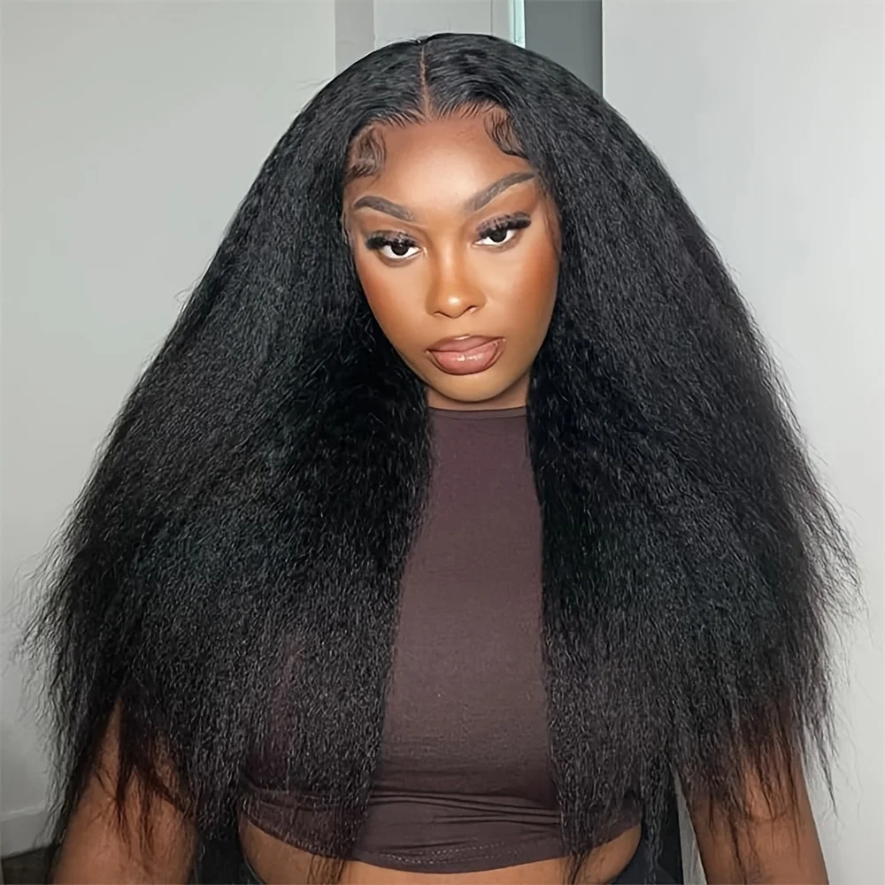 200% Dichte 13x4 Lace Front Echthaarperücke - Kinky Straight Yaki Textur, Transparenter Stirnansatz, Vorgezupft Natürlich
