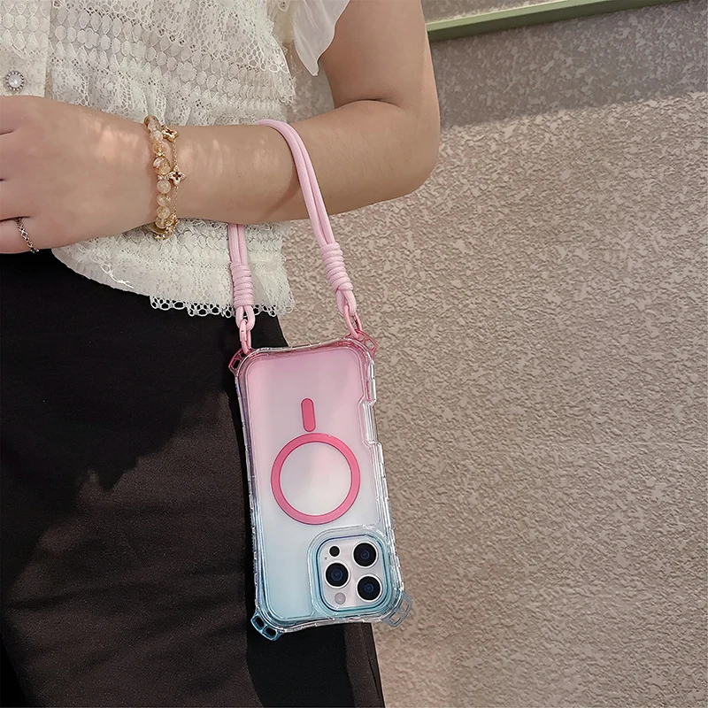 XMN Gradient Color CrossBody Chain Case For iPhone17Air 17 promax 16 16E 15 14 13 12Magsafe Wireless Charge Magnetic Cover