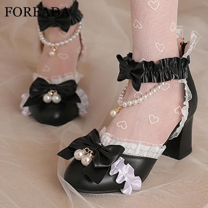 

FOREADA Women Ankle Strap Lolita Pumps Round Toe Kawaii Thick High Heel Zipper Bow Bead Ruffles Lady Cosplay Shoes Spring Autumn