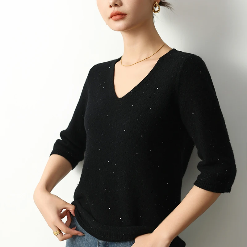 Autumn and winter V-neck knitted sweater women's wool sequined mid sleeve T-shirt loose slimming base sweater thin design