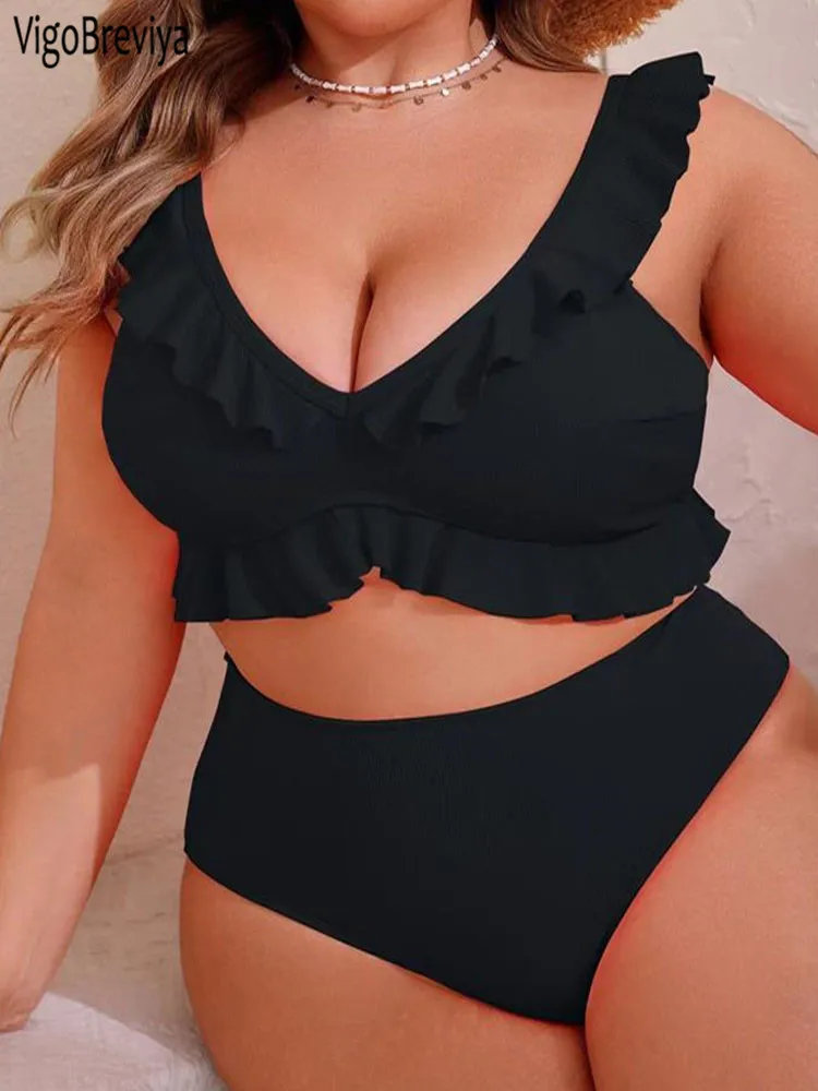 VigoBreviya 2025 Bikini liso de 2 piezas con tirantes de talla grande para mujer, traje de baño curvo con tirantes, traje de baño grande de cintura alta para mujer