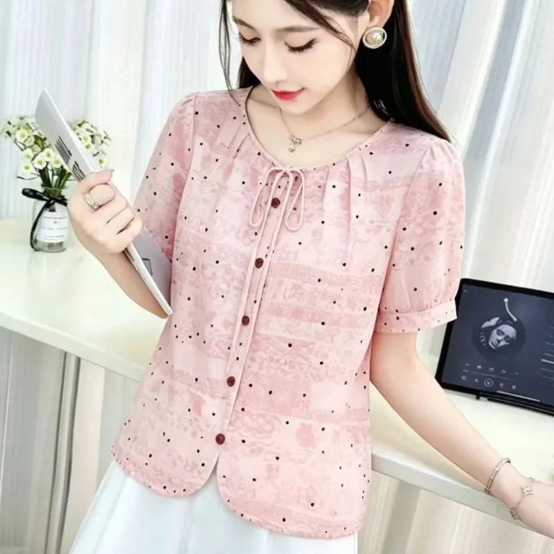 

Women's Floral Print Chiffon Blouse Tie Neck Short Sleeve Casual Elegant Slim Fit Shirt