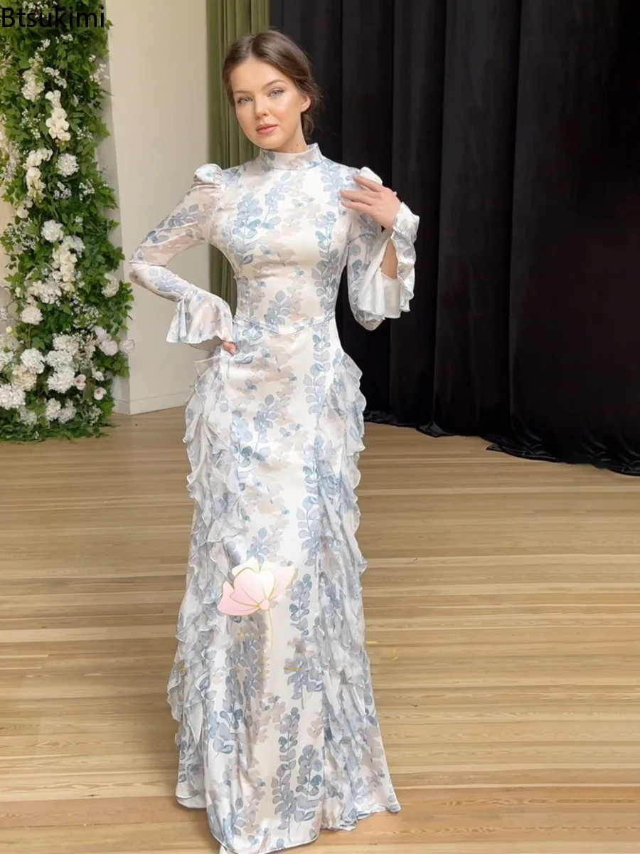 

2025 Gentle Style Slim Lace Up Print Long Dress for Women Spring New Long Sleeve Elegant Evening Dresses Lady Ruffles Satin Robe