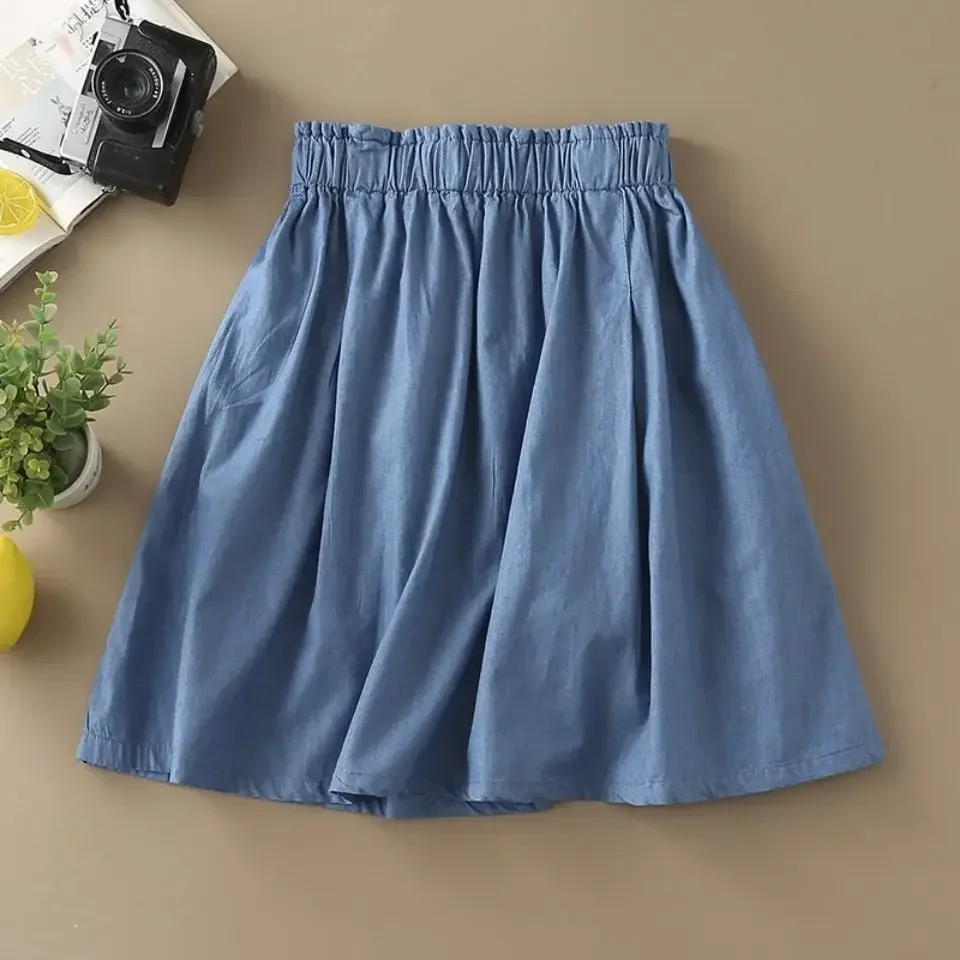 Kids Girls Cotton Skirts Mid-Length Summer Skirts Princess Blue Khaki Skirts 2024 Teenage Girls Casual Skirt With Pocket