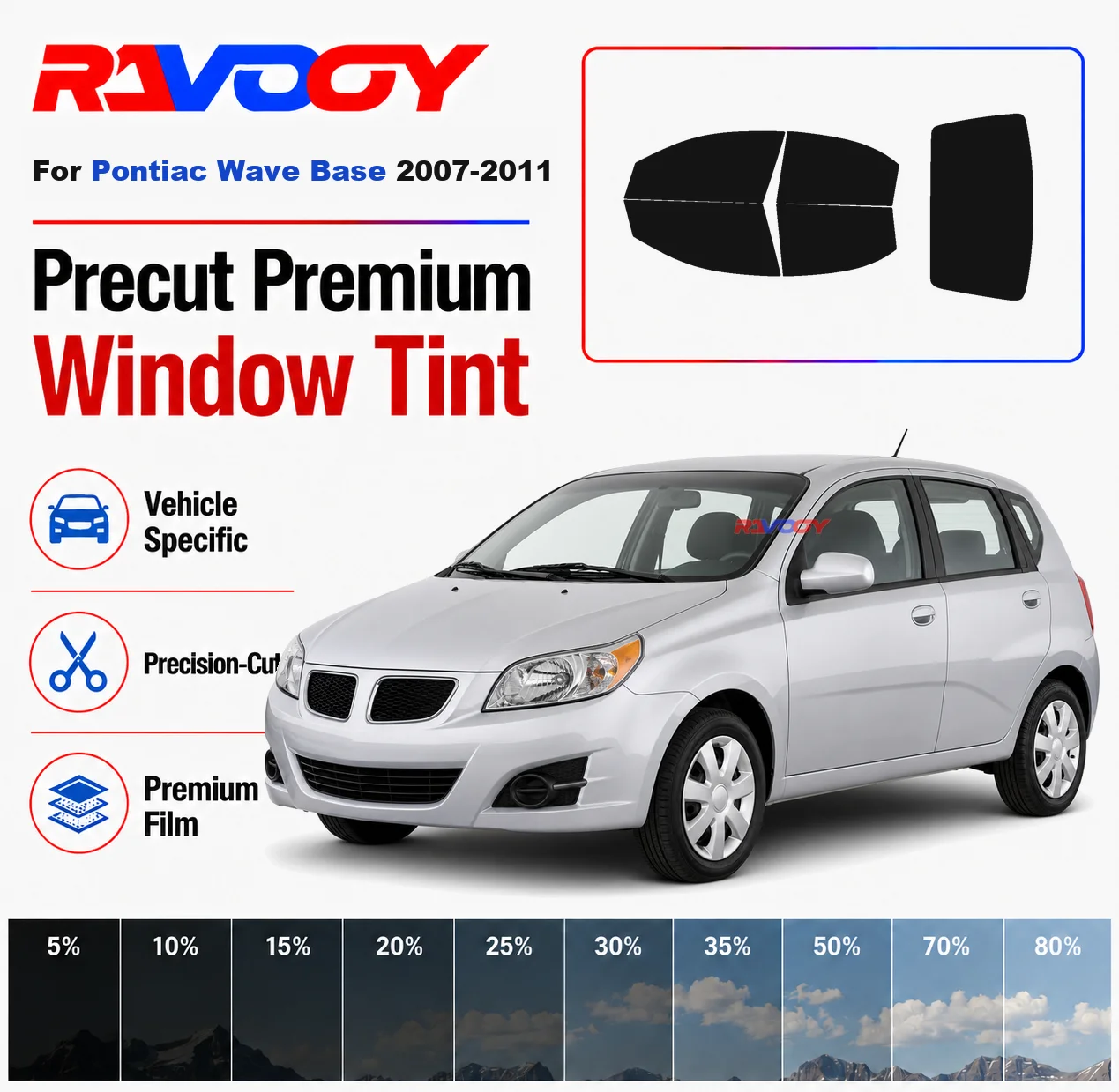 Premium Precut Window Tint Kit Front Rear Windows Rear Windshield For Pontiac Wave Base 2007-2011 Complete Set Nano Ceramic Film