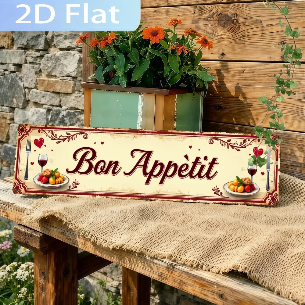 2D Flat, Vintage Bon Appetit with Food and Tableware Aluminum Sign - UV Printed Wall Art, Durable Decoration for Home, Cafe