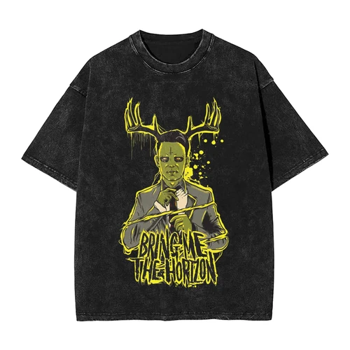 Imagen 2 del producto BMTH Bring Me The Horizon camiseta lavada hombre banda de Rock británica Y2K camisetas de algodón camiseta de verano patrón ropa de gran tamaño